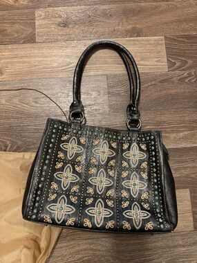 Montana West Black Tote with Turquoise and Gold Embroidery